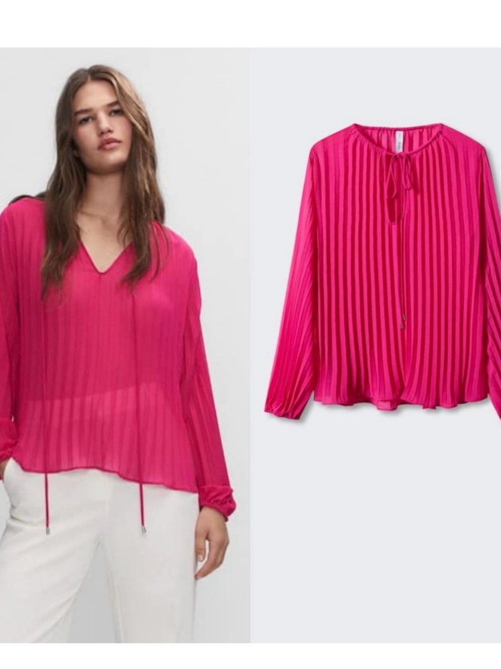 Mango Pleated V-Neck Long-Sleeve Top in Bright Pink